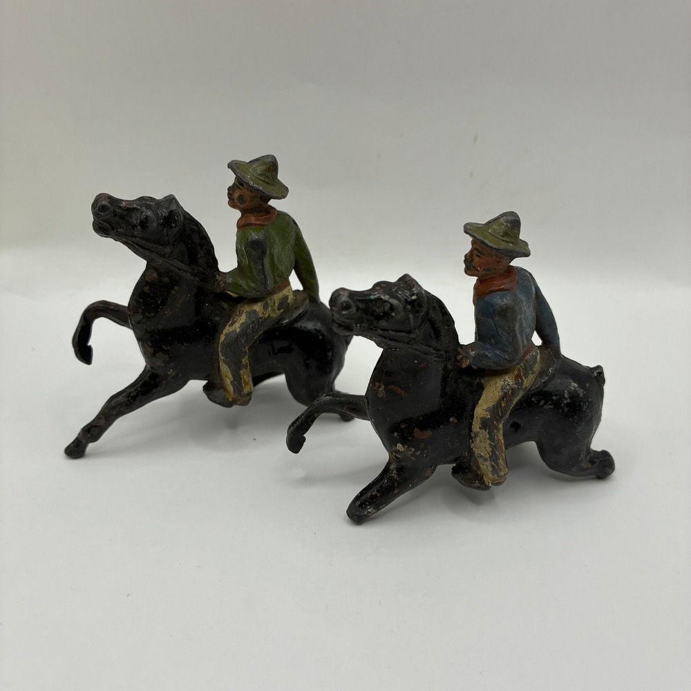 Vintage Cast Iron Cowboy Horse Figurines Set of 2 Western Americana Decor Black